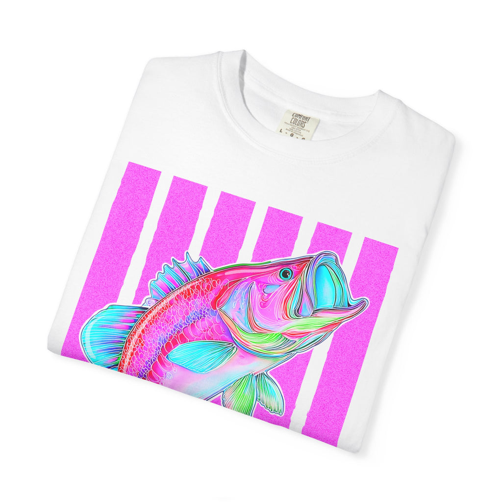 Neon Bass Fish T-Shirt — Retro Pink Stripe Fishing Tee