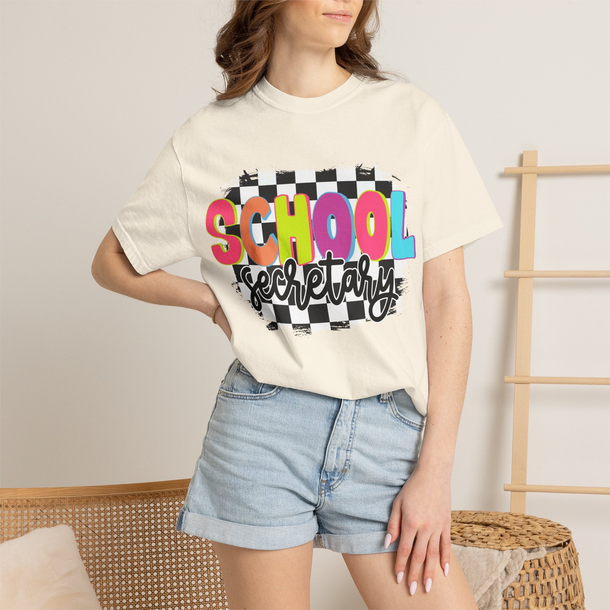 School Secretary T-Shirt — Retro Checkerboard Design