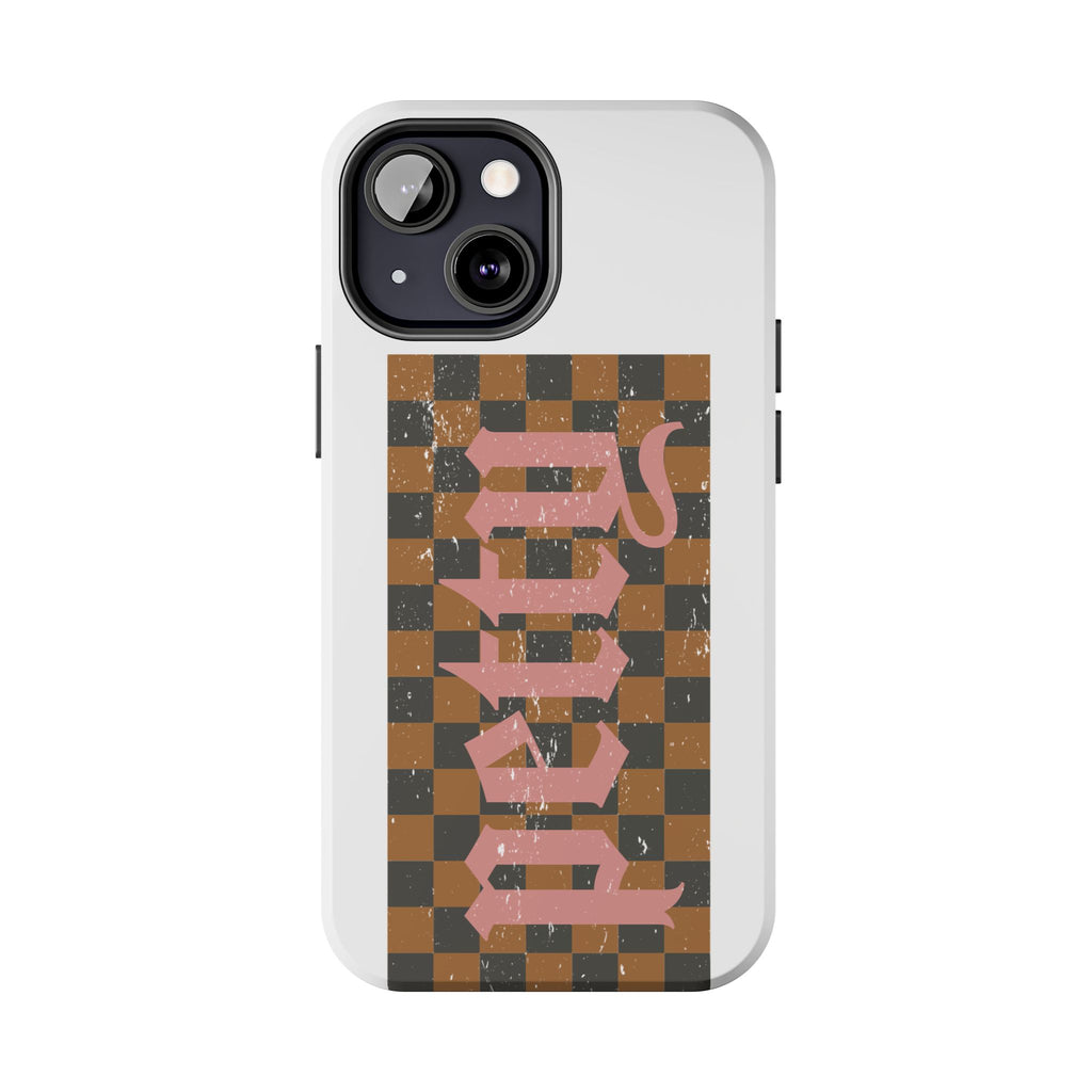Checkerboard 'Tough' Retro Phone Case — Pink Gothic Text, Grunge Pattern