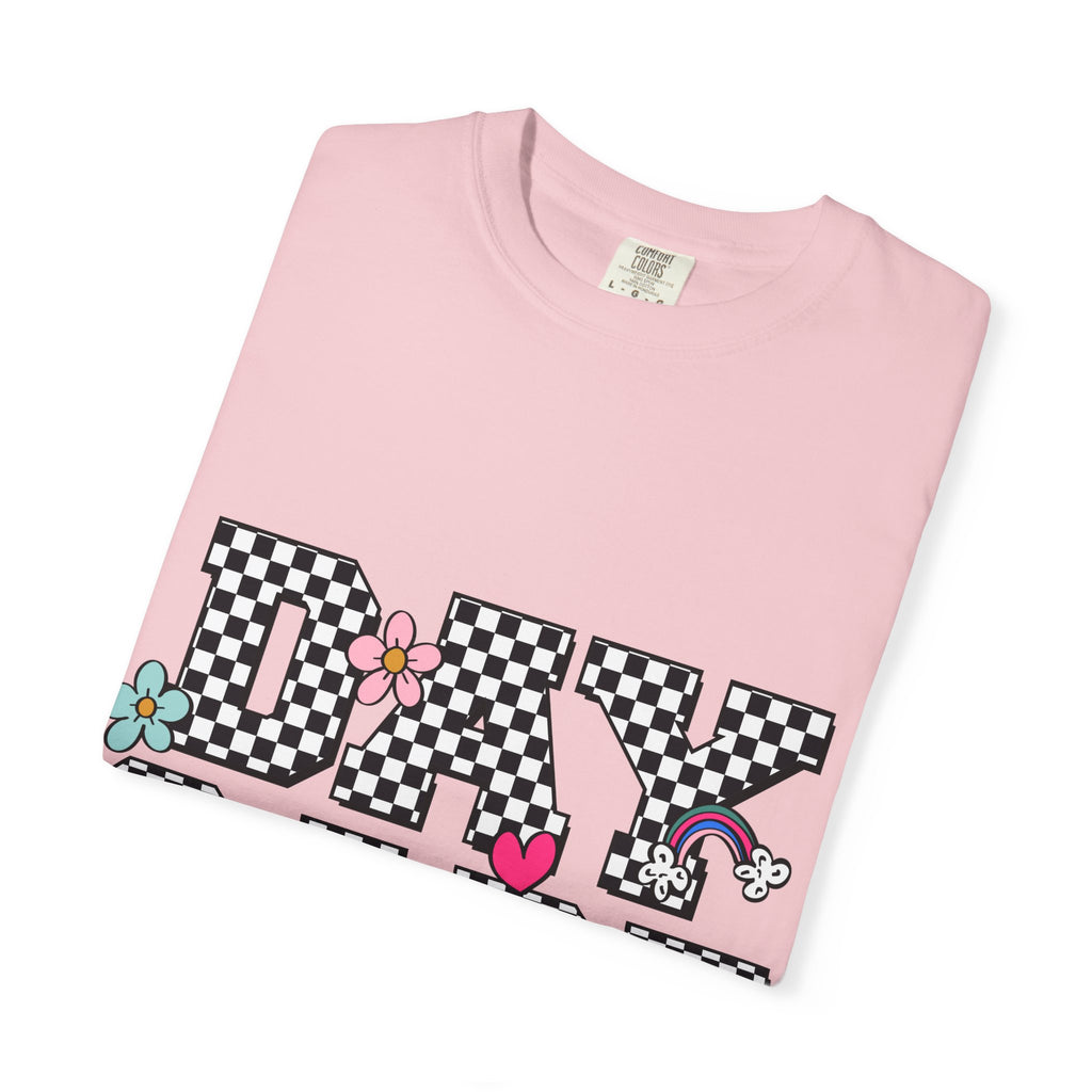 Day Care Checkerboard T‑Shirt — Playful Smiley & Floral Kids Graphic Tee