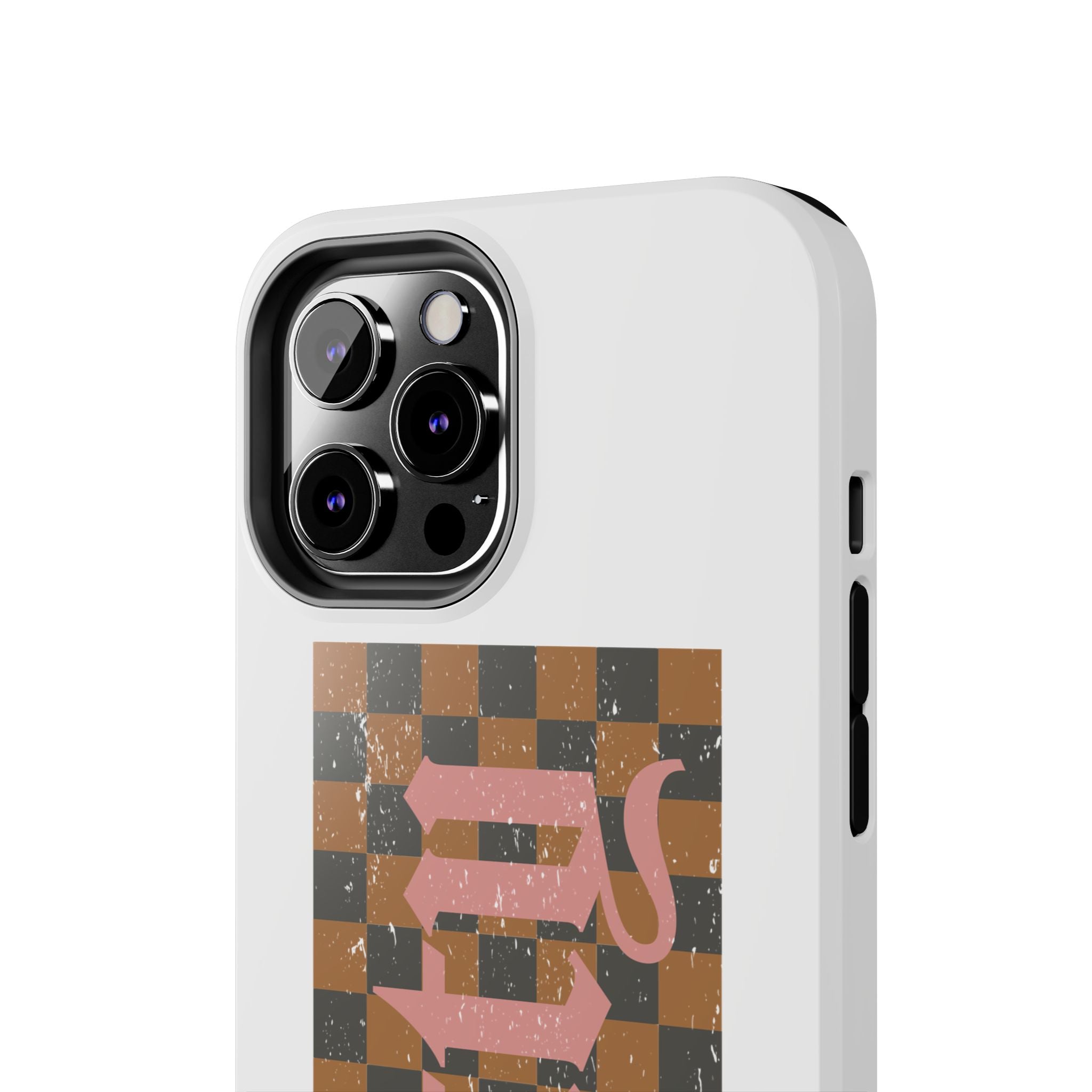 Checkerboard 'Tough' Retro Phone Case — Pink Gothic Text, Grunge Pattern