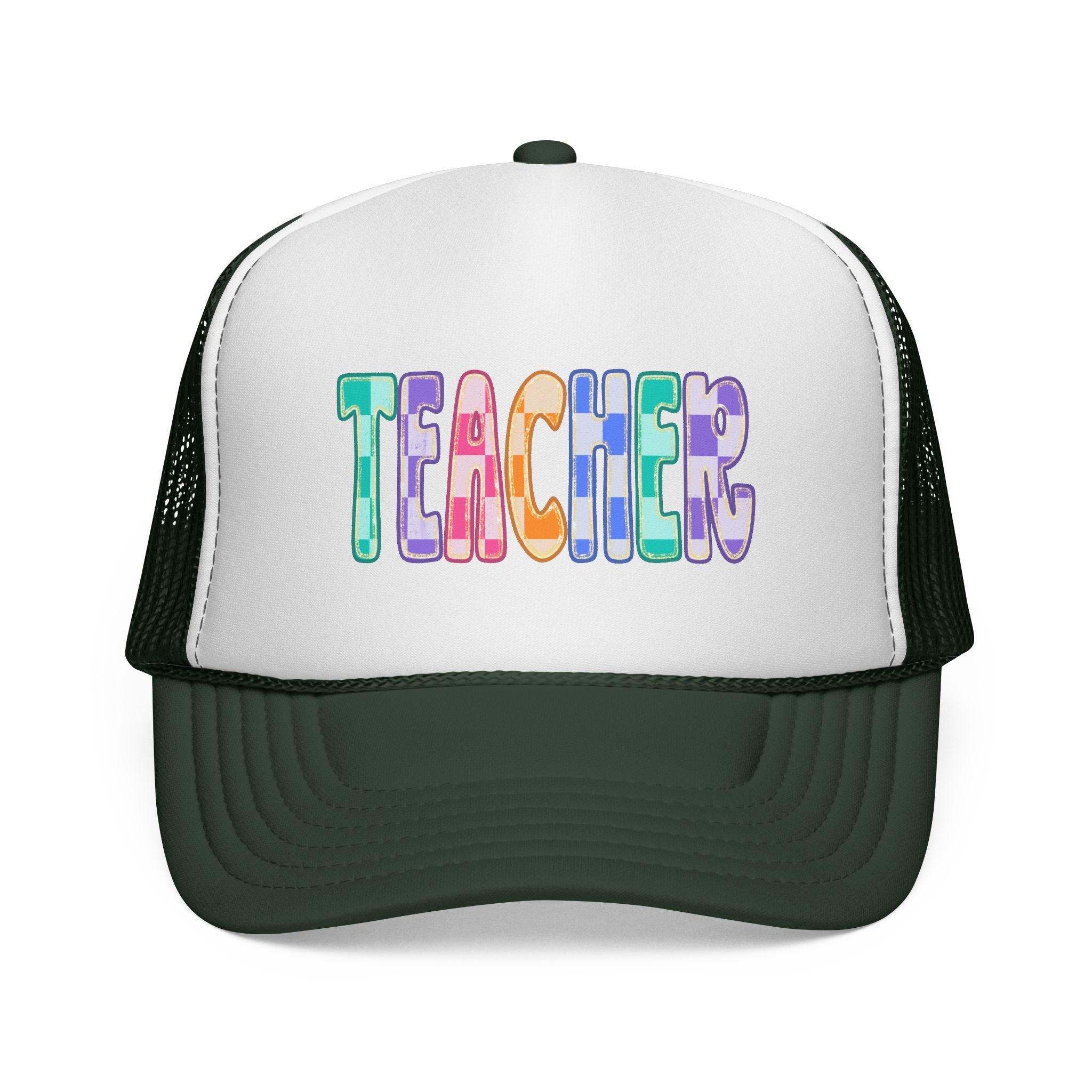 Teacher Trucker Hat — Colorful Patchwork Educator Cap