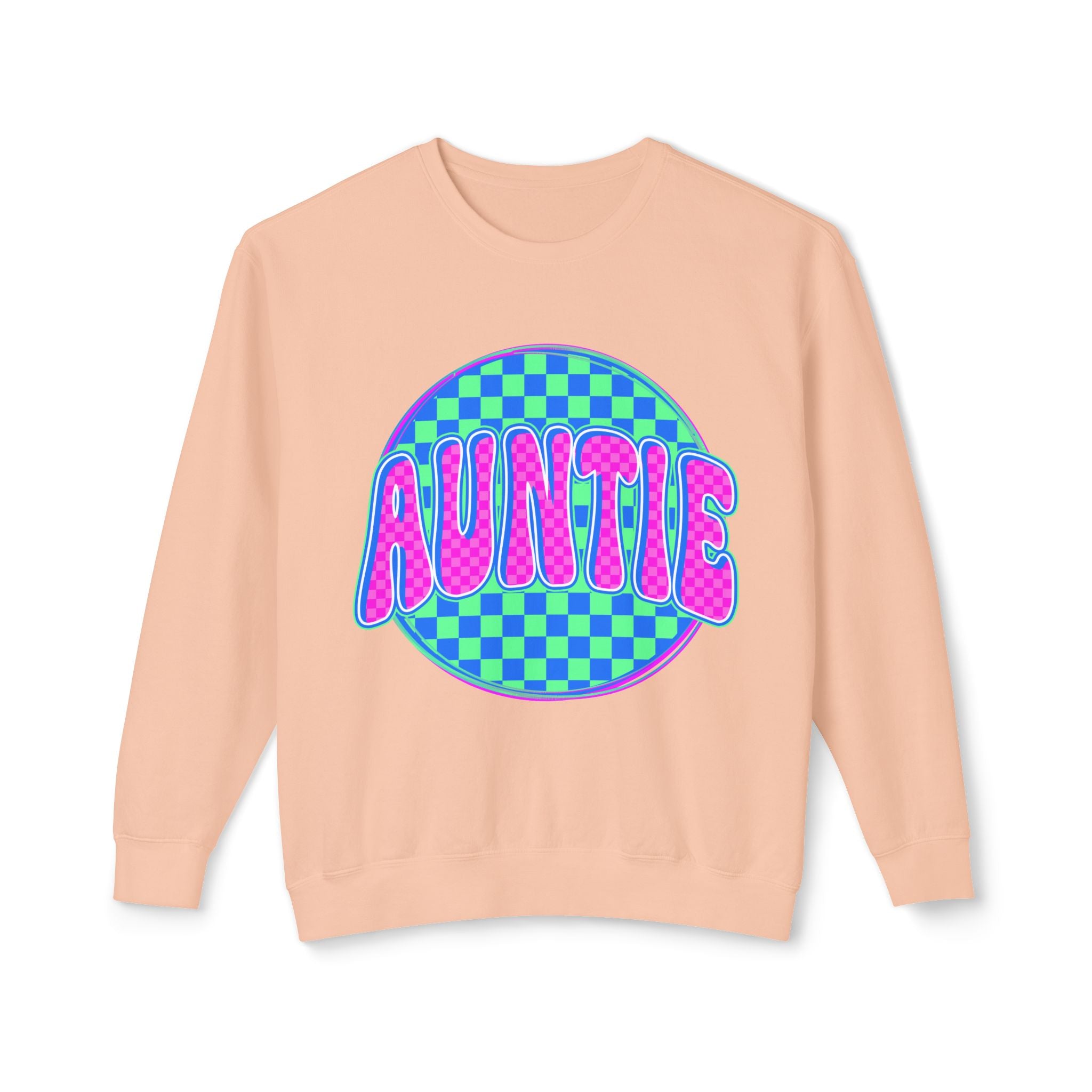 Auntie Graphic Sweatshirt — Retro Checkerboard Neon Design