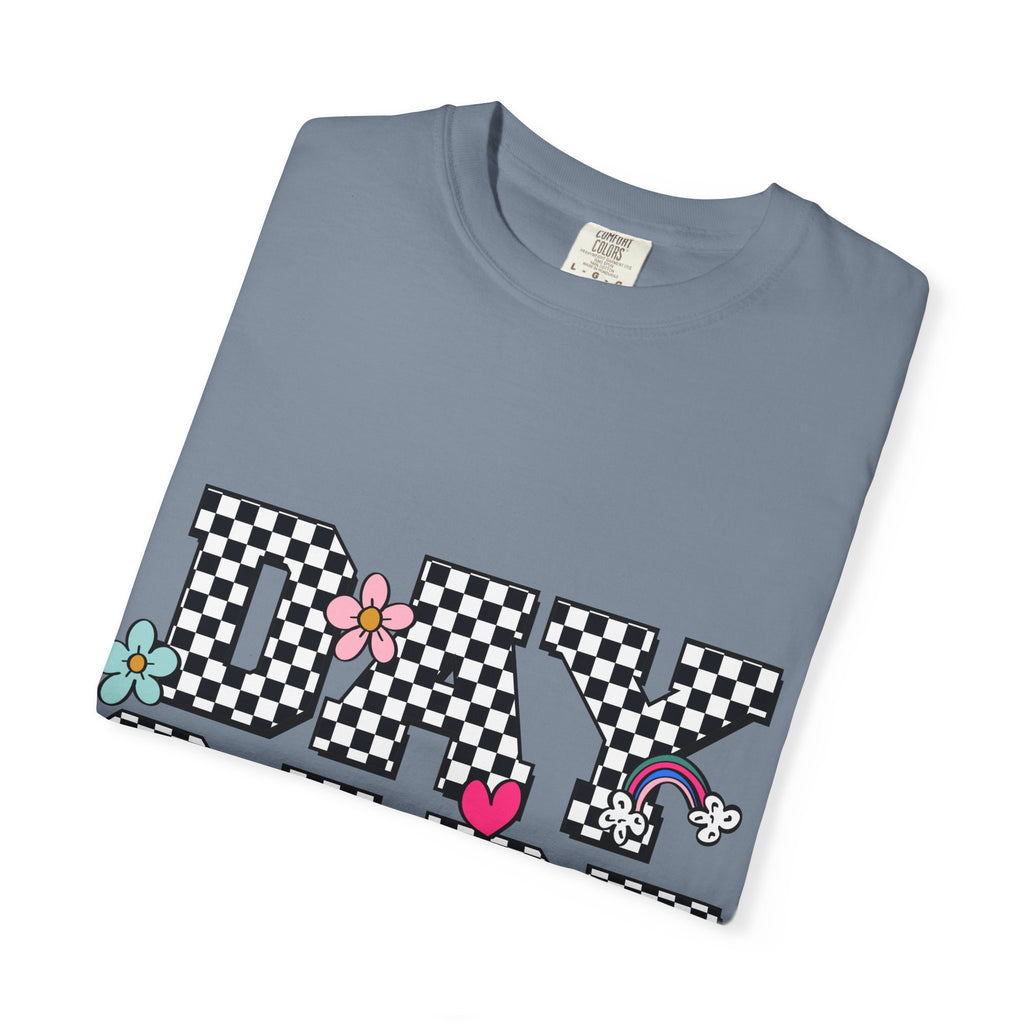 Day Care Checkerboard T‑Shirt — Playful Smiley & Floral Kids Graphic Tee