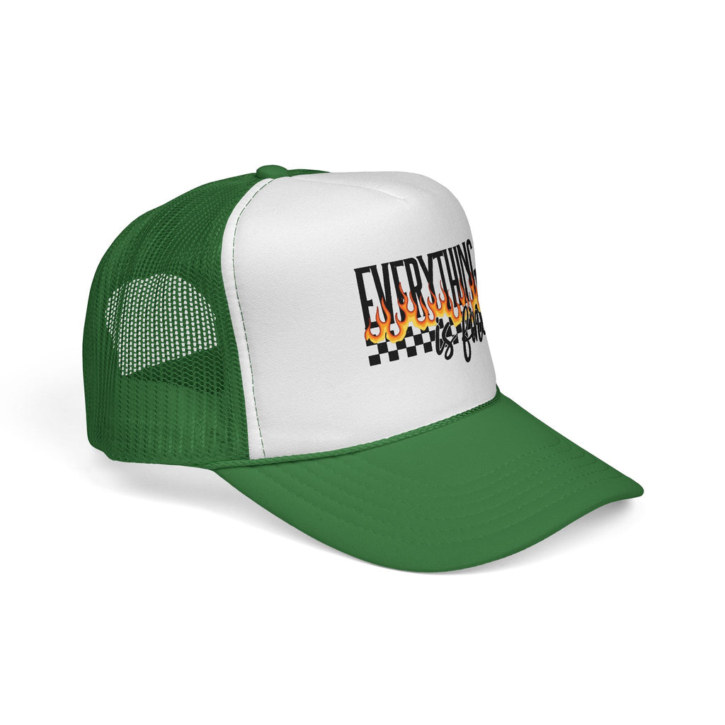 Everything Is Fine Trucker Cap — Retro Flames & Checkerboard Snapback