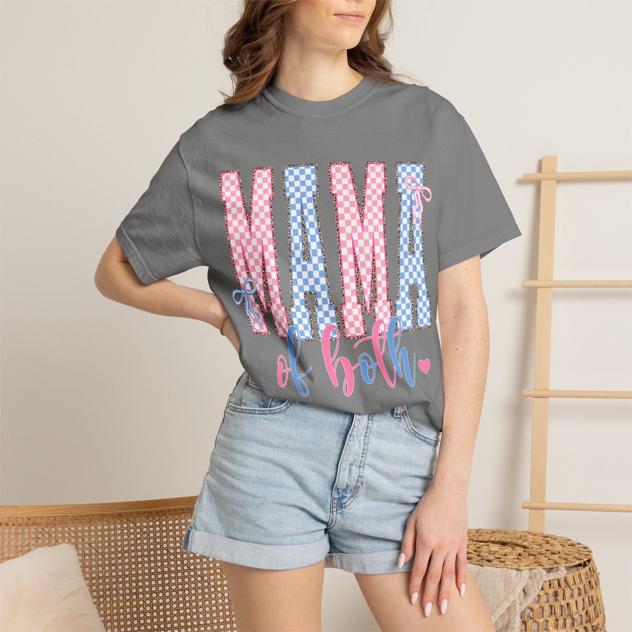 Mama of Both T-Shirt — Gender Reveal Mom Tee (Pink & Blue Check)