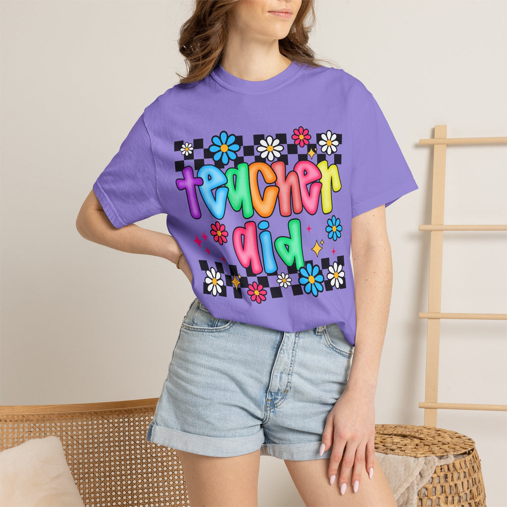 Teacher Aid T-Shirt — Colorful Retro Flower Checkerboard Design