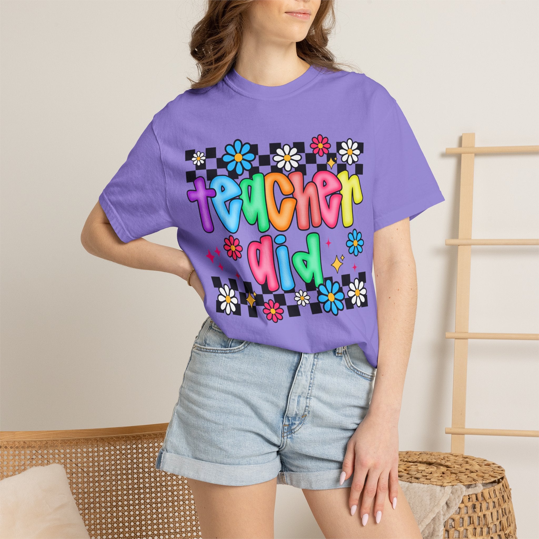 Teacher Aid T-Shirt — Colorful Retro Flower Checkerboard Design