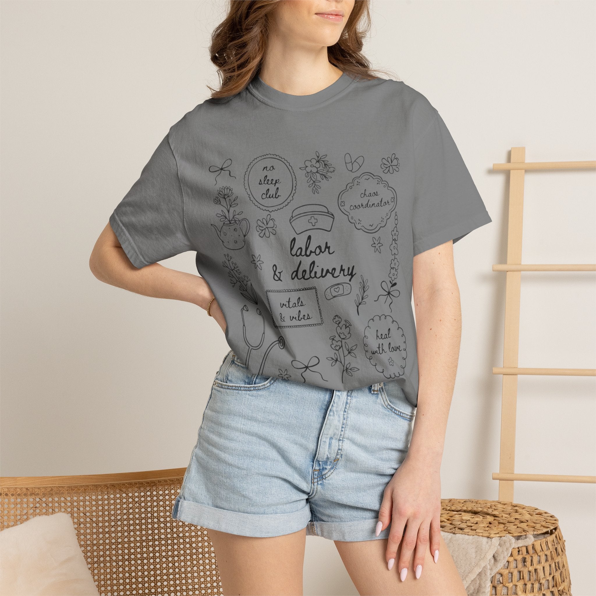 Nurse & Delivery Doodles T-Shirt — Hand-Drawn Medical Appreciation Tee