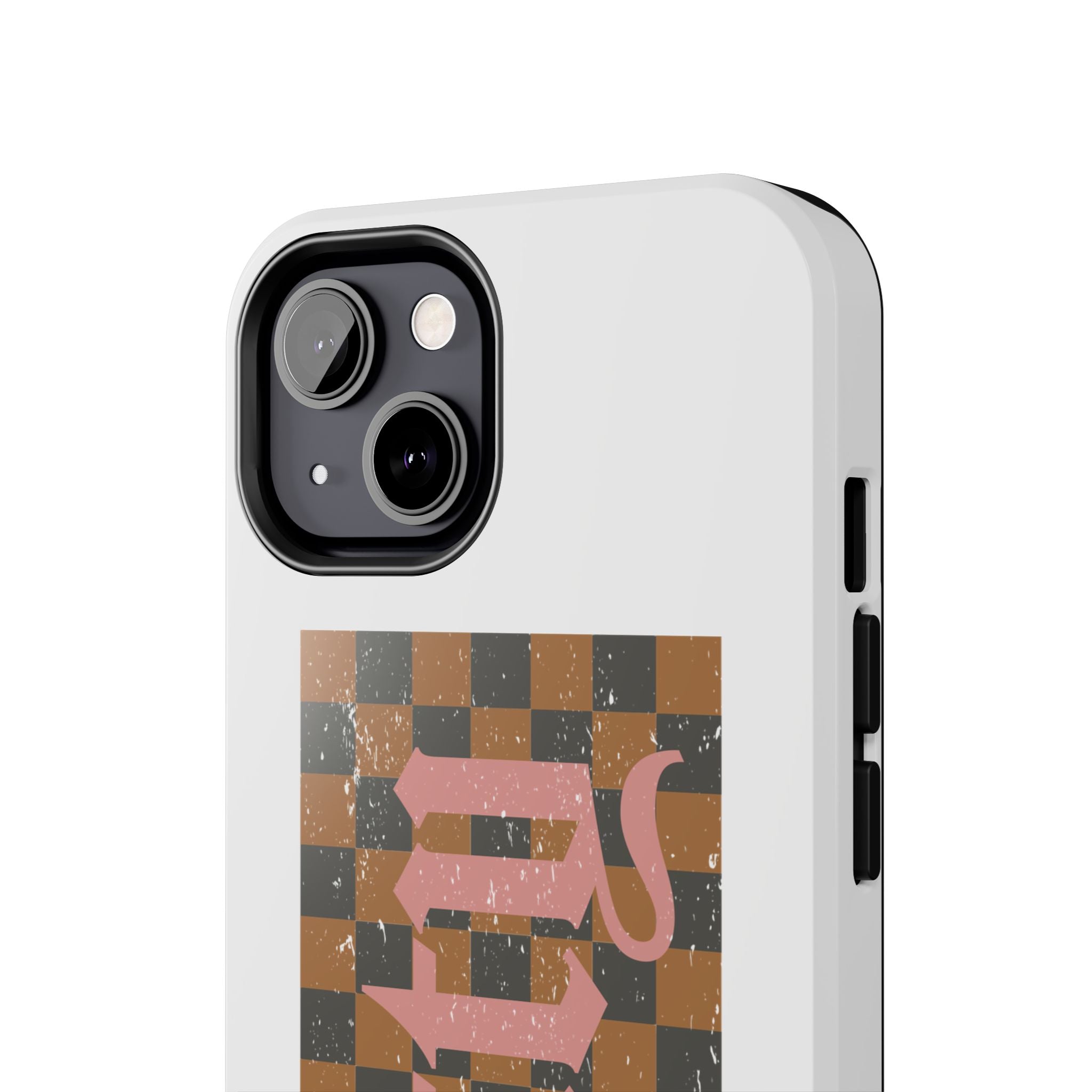 Checkerboard 'Tough' Retro Phone Case — Pink Gothic Text, Grunge Pattern