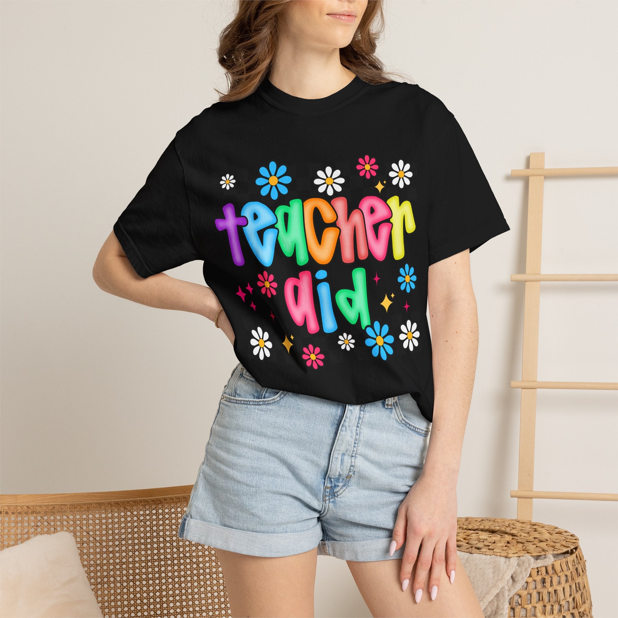 Teacher Aid T-Shirt — Colorful Retro Flower Checkerboard Design