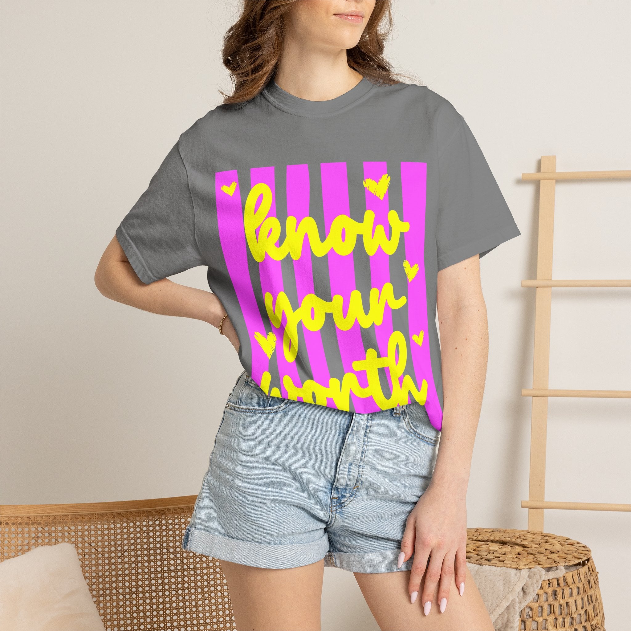 Know Your Worth T-Shirt — Bright Pink Stripe Motivational Tee
