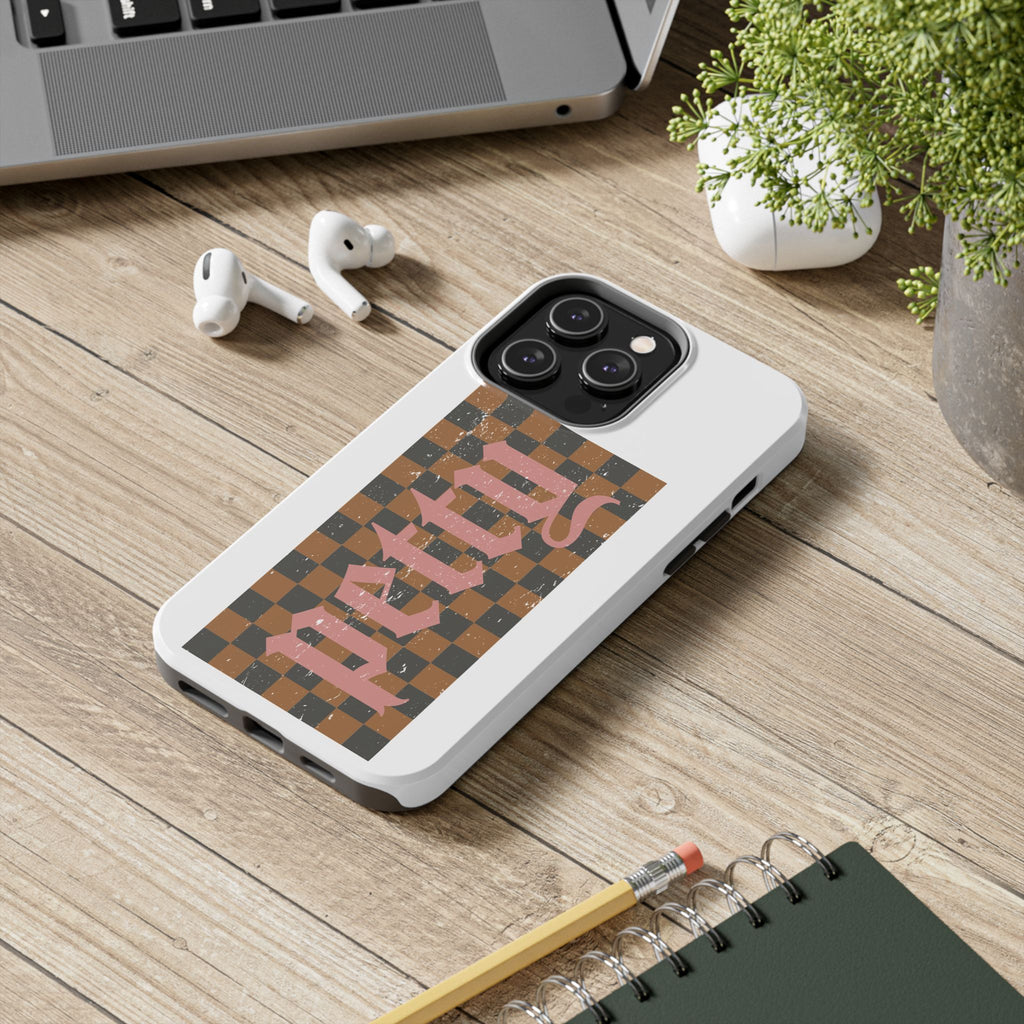 Checkerboard 'Tough' Retro Phone Case — Pink Gothic Text, Grunge Pattern