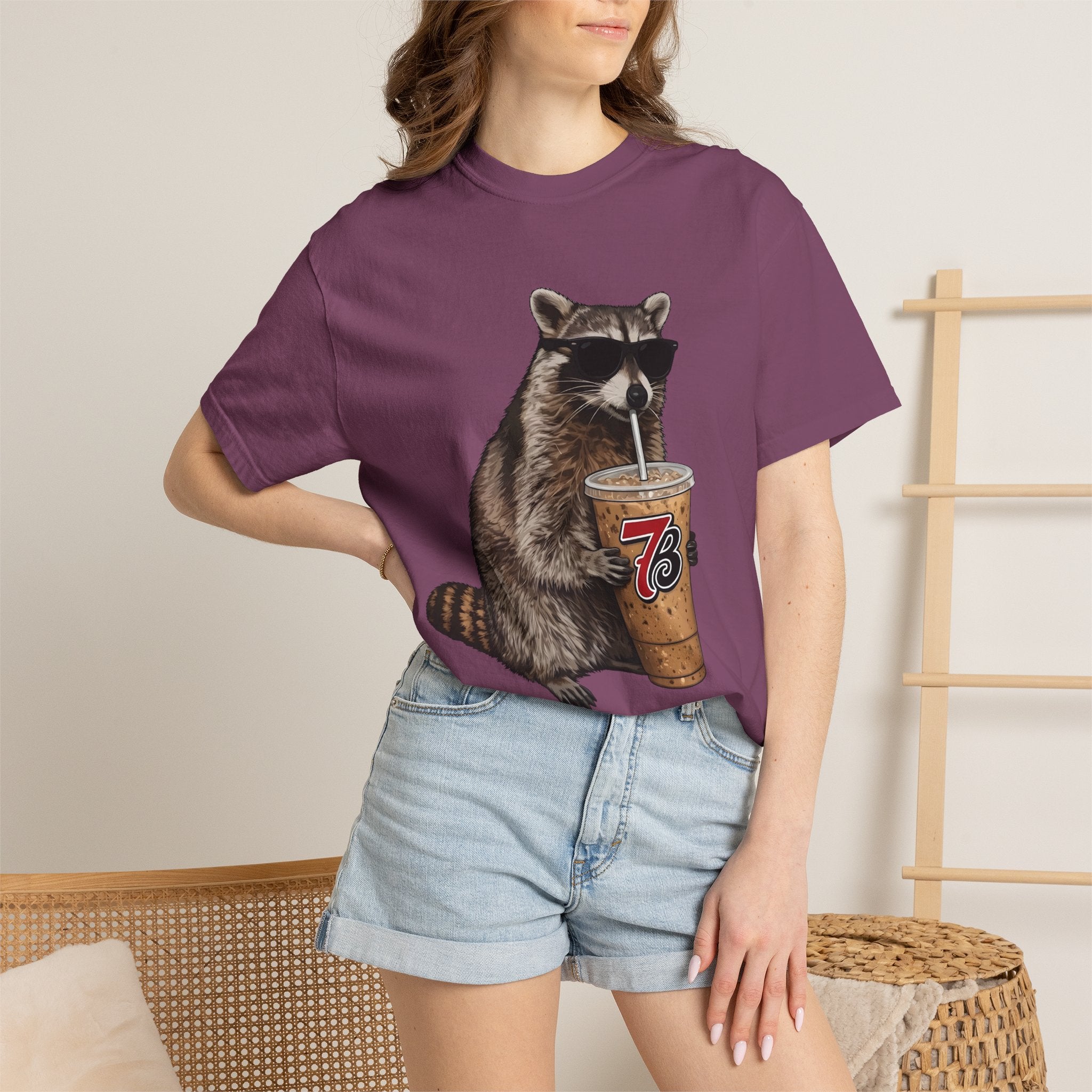 Raccoon Iced Coffee T-Shirt — Cute Raccoon Drinking 76oz Iced Coffee Graphic Tee