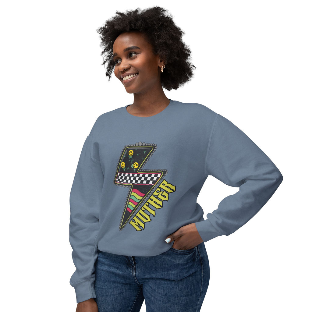 Lightning Bolt Graphic Sweatshirt — Retro Checkered & Neon Pattern Crewneck