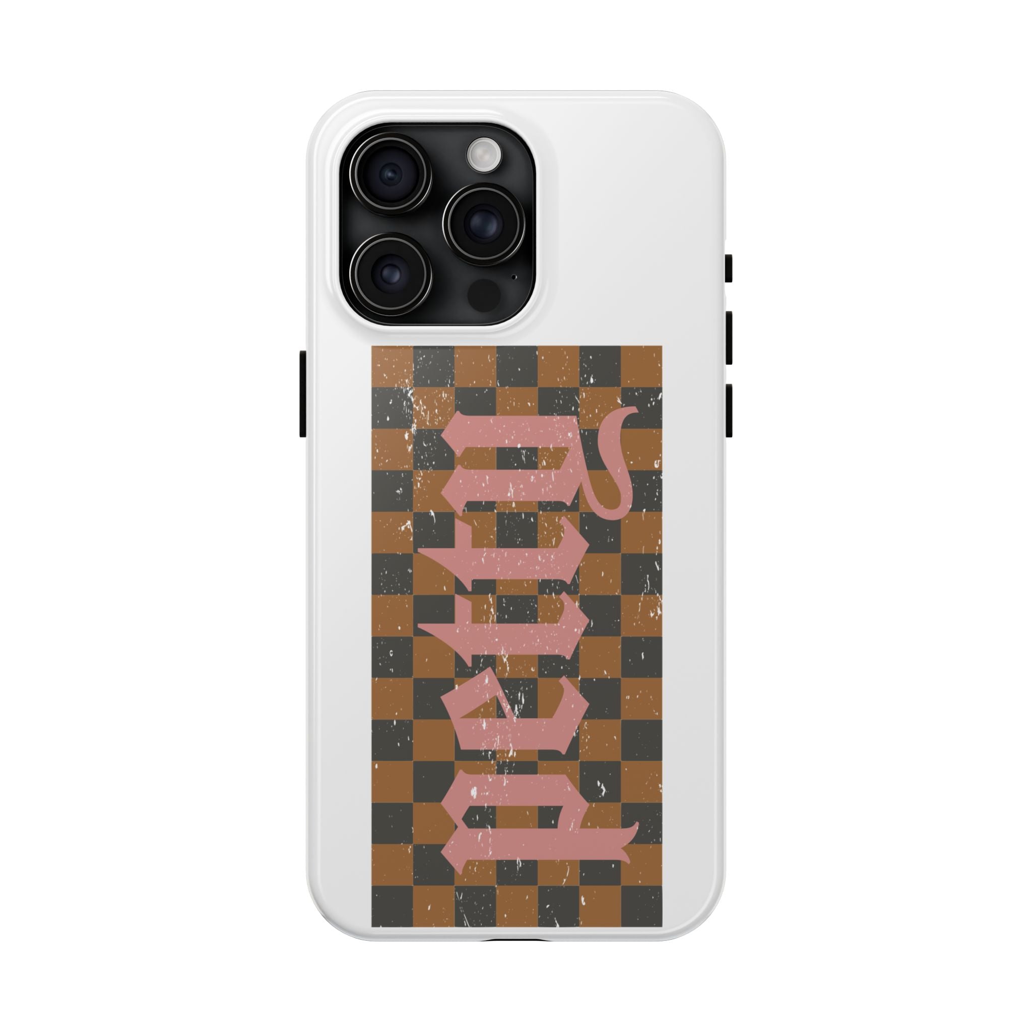 Checkerboard 'Tough' Retro Phone Case — Pink Gothic Text, Grunge Pattern
