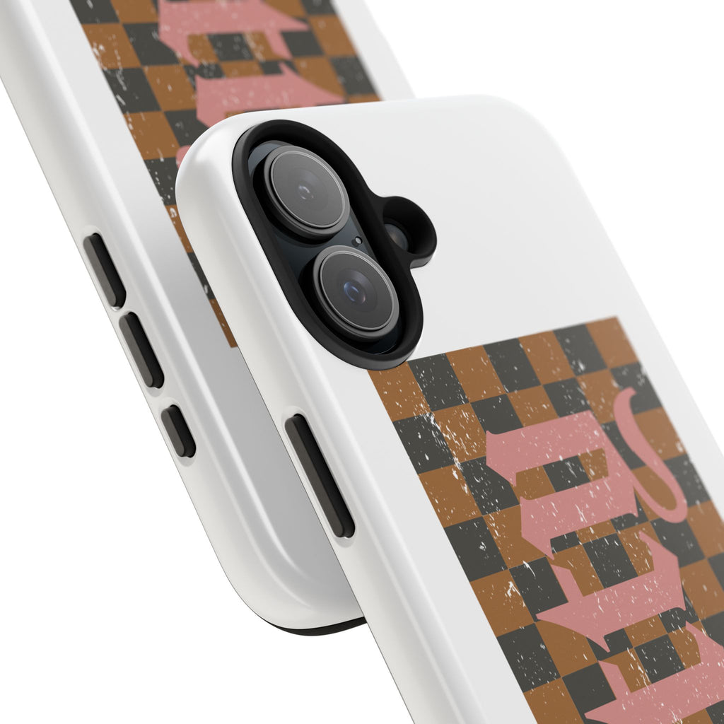 Checkerboard 'Tough' Retro Phone Case — Pink Gothic Text, Grunge Pattern