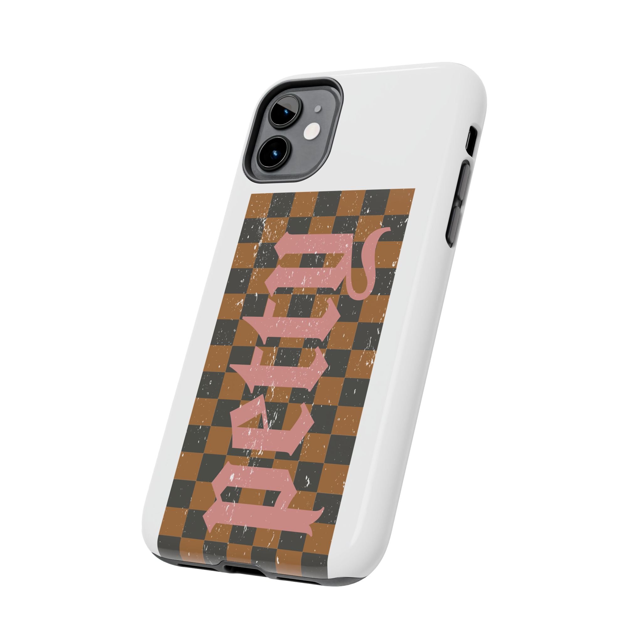 Checkerboard 'Tough' Retro Phone Case — Pink Gothic Text, Grunge Pattern