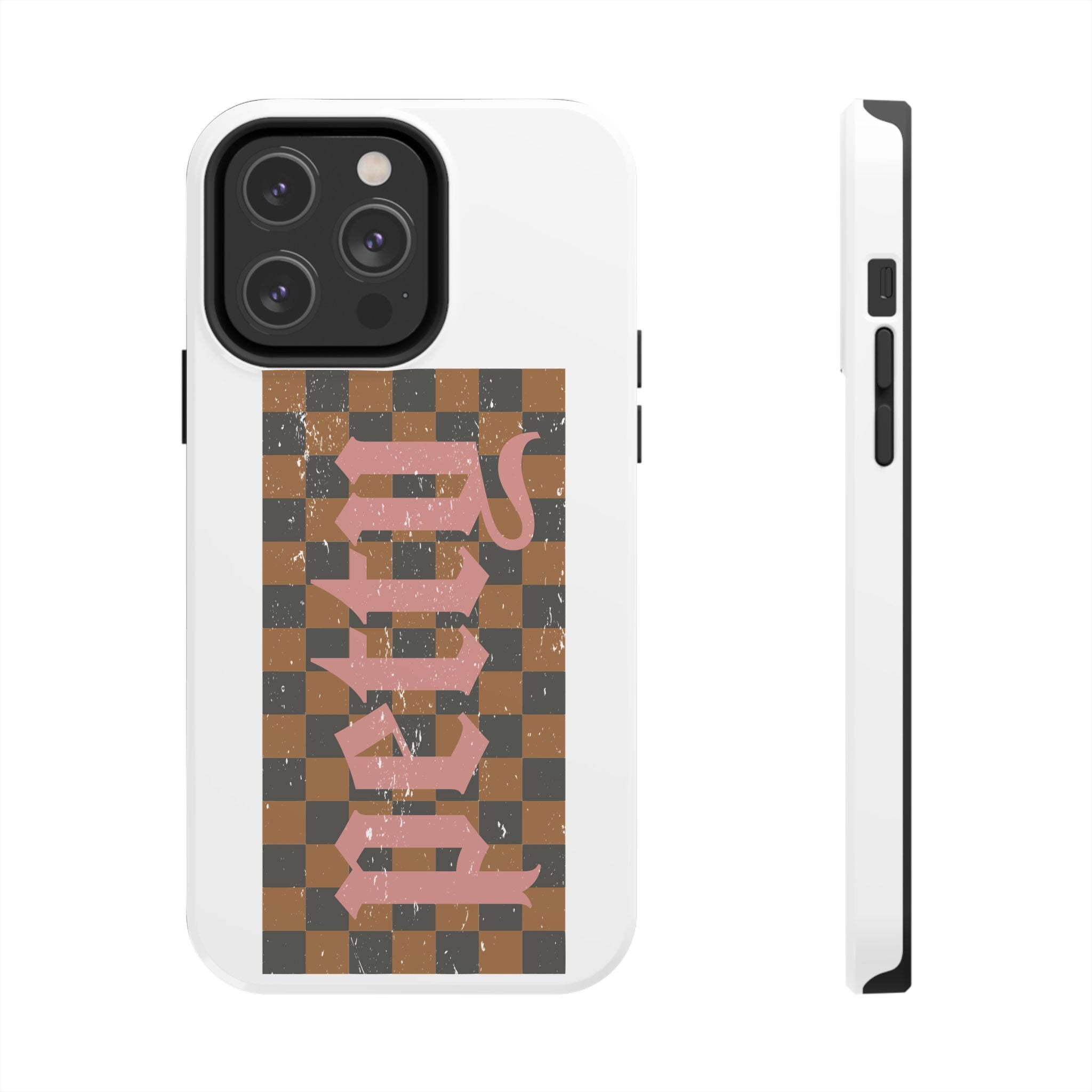 Checkerboard 'Tough' Retro Phone Case — Pink Gothic Text, Grunge Pattern