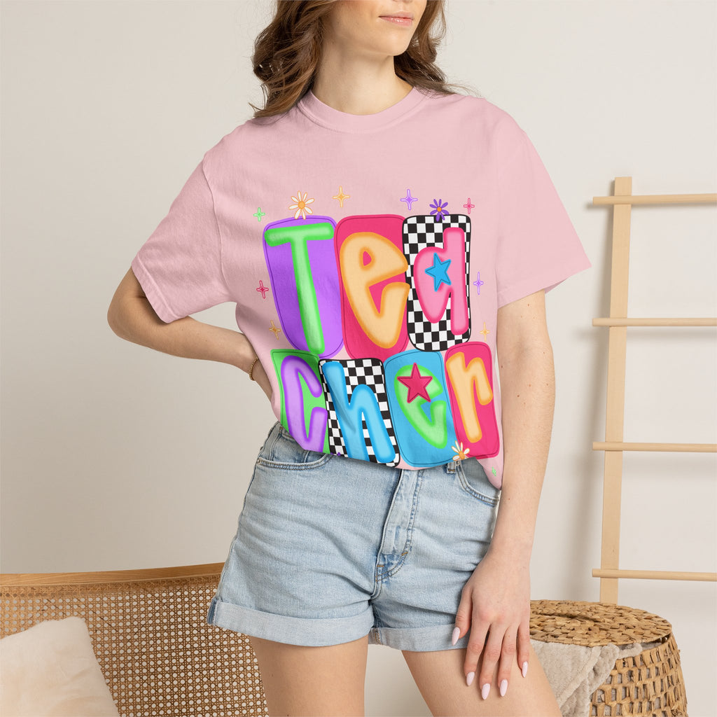 Teacher Retro Bubble Letter T-Shirt — Colorful Checkerboard & Star Teacher Shirt