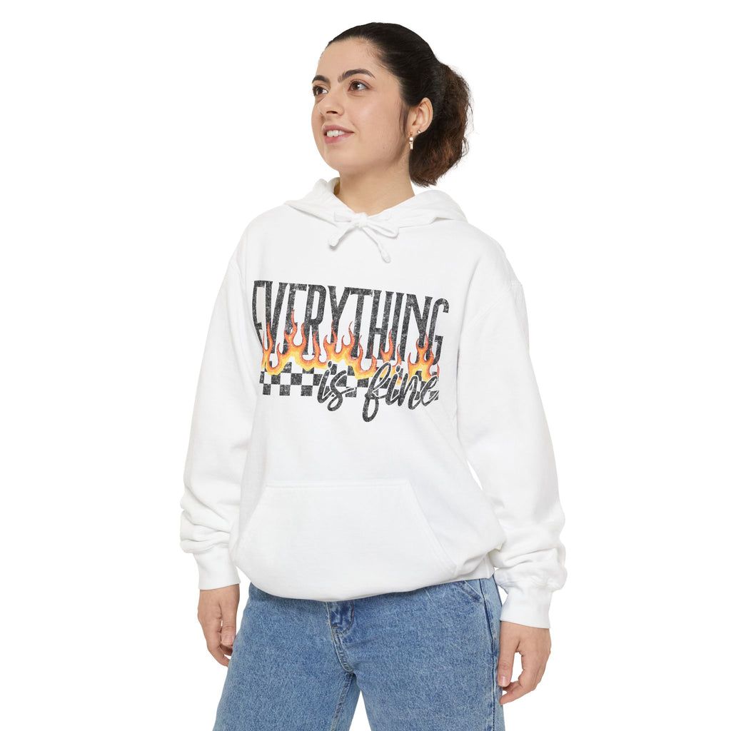 Everything Is Fine Hoodie — Retro Flame Checkerboard Graphic Pullover