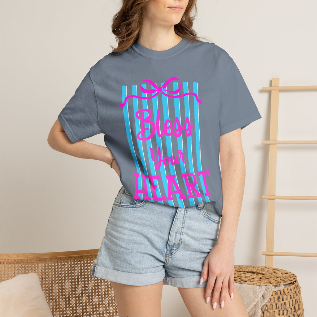 Bless Your Heart T-Shirt — Southern Phrase Graphic Tee (Pink & Blue Stripes)