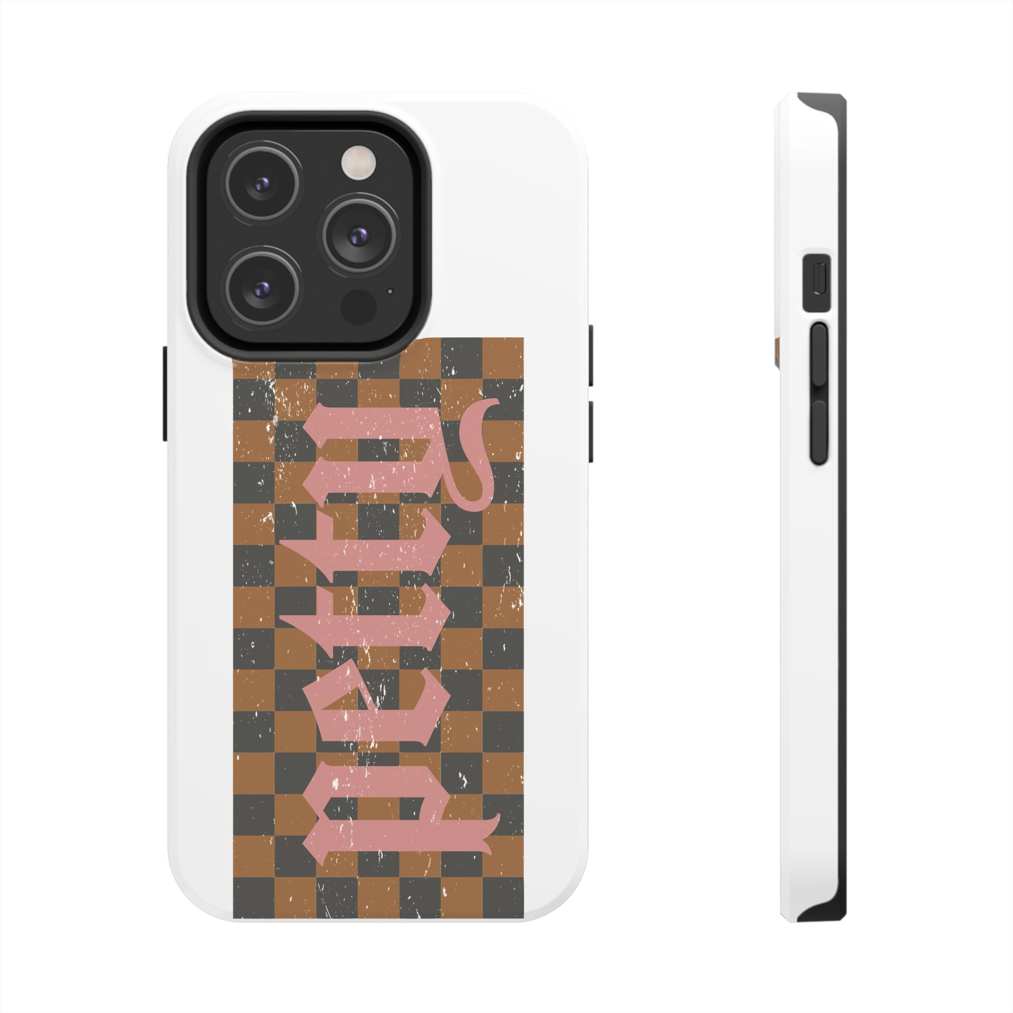 Checkerboard 'Tough' Retro Phone Case — Pink Gothic Text, Grunge Pattern