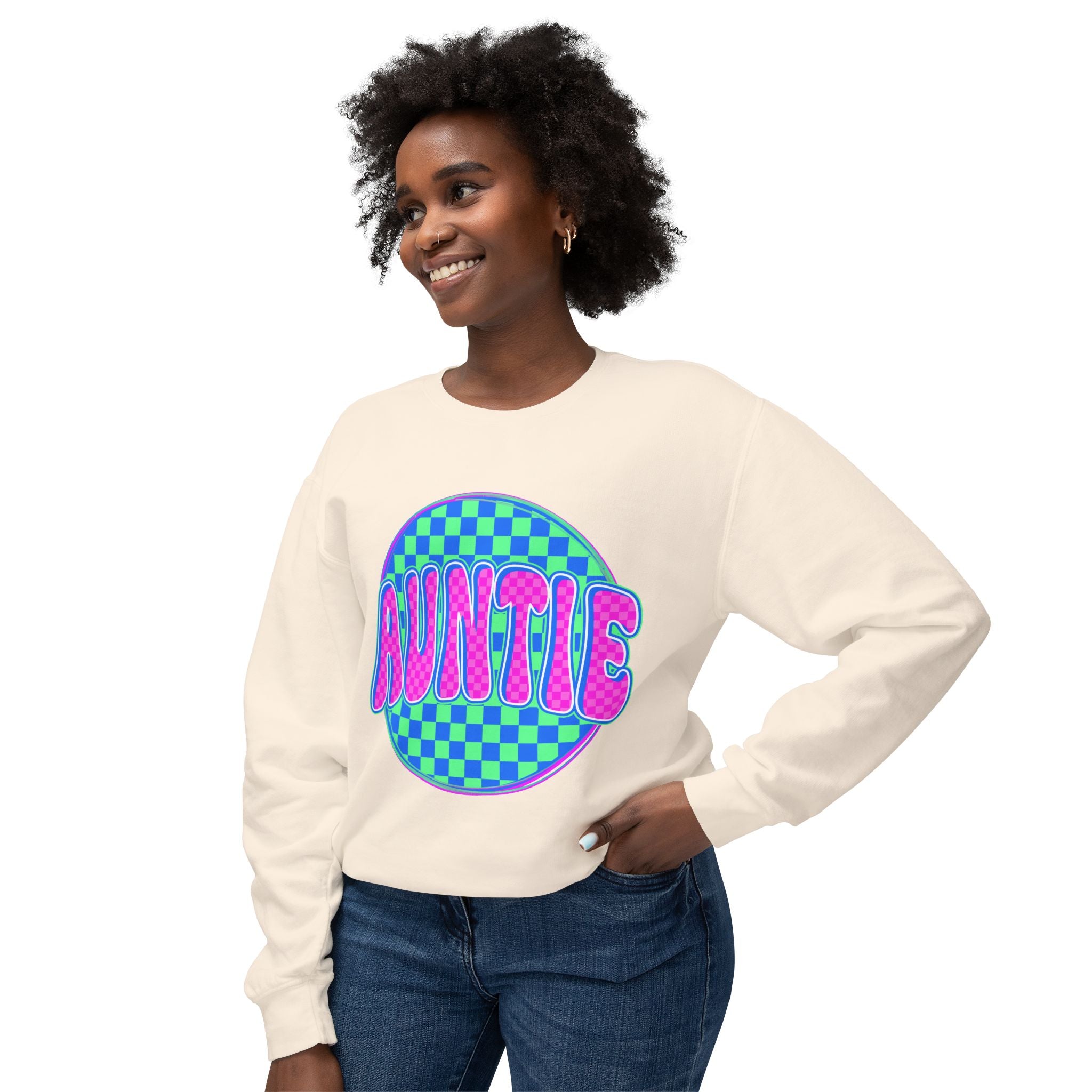Auntie Graphic Sweatshirt — Retro Checkerboard Neon Design