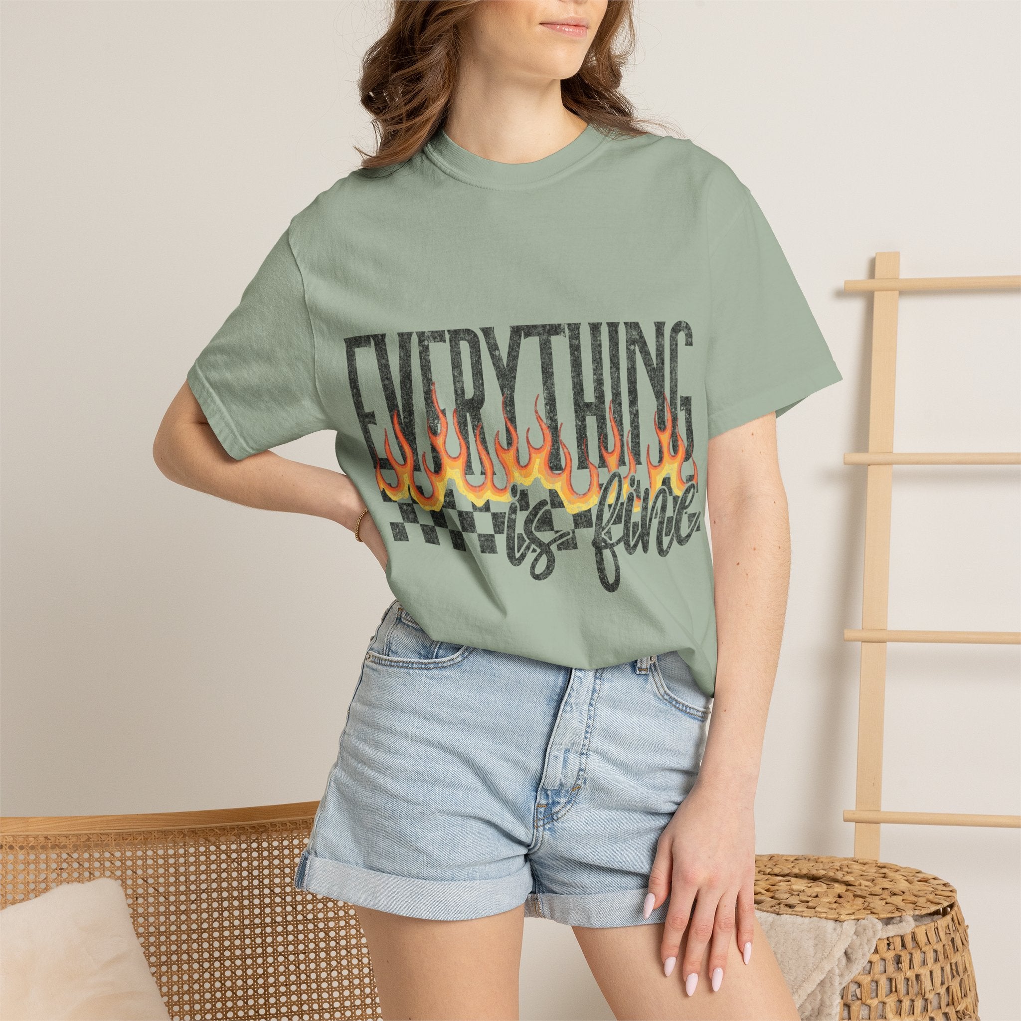 Everything Is Fine T-Shirt — Retro Flames & Checkerboard Graphic Tee