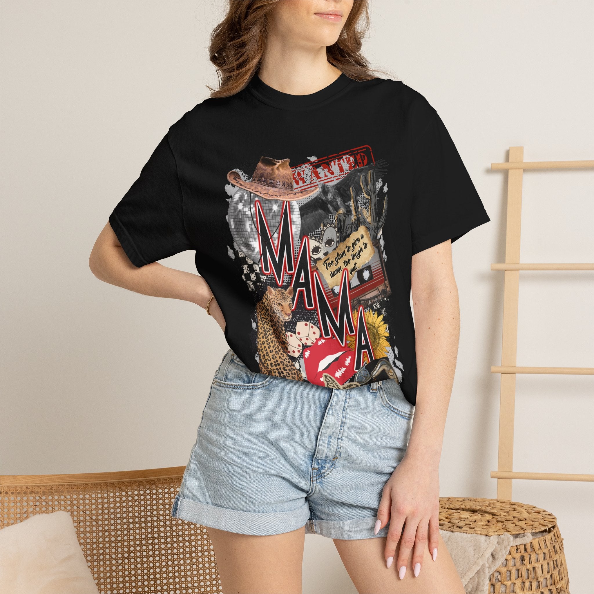 Mama Collage Graphic T-Shirt – Vintage Cowboy, Floral & Retro Icons