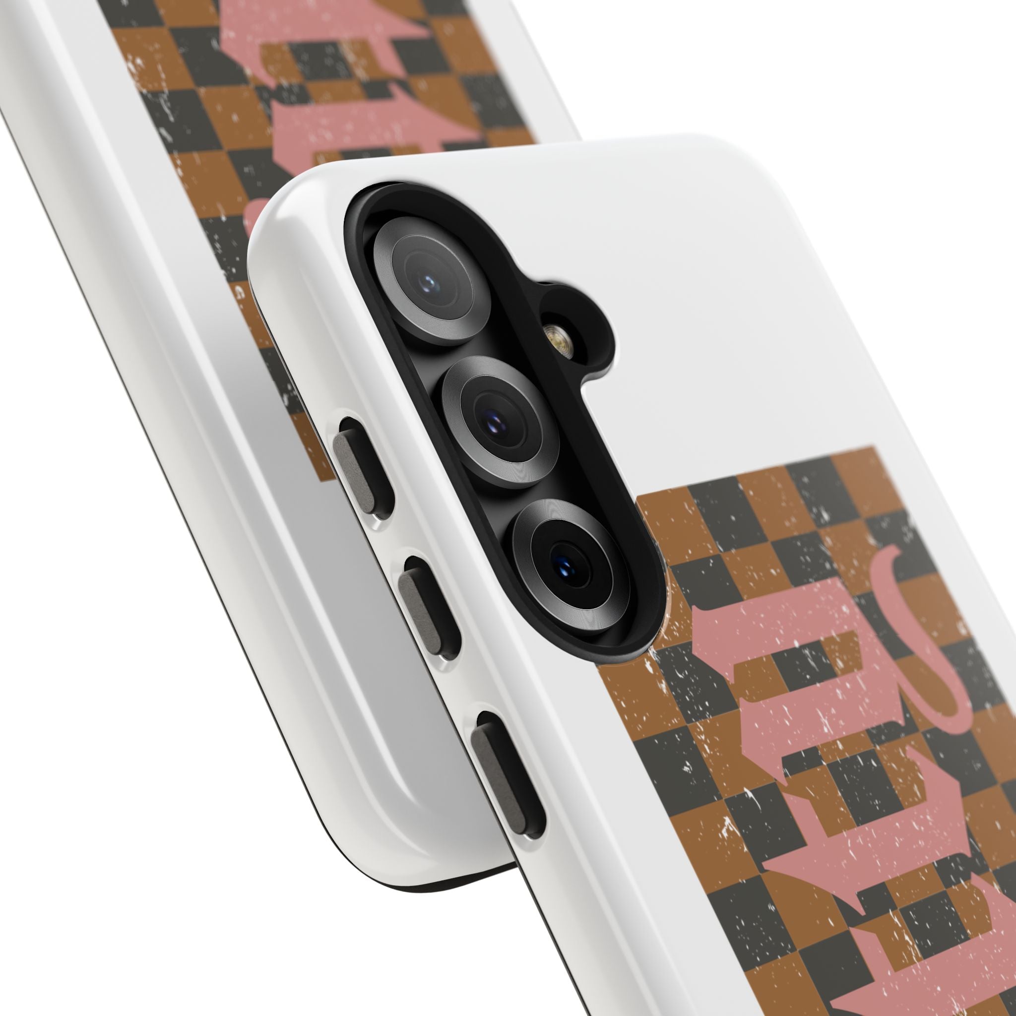 Checkerboard 'Tough' Retro Phone Case — Pink Gothic Text, Grunge Pattern