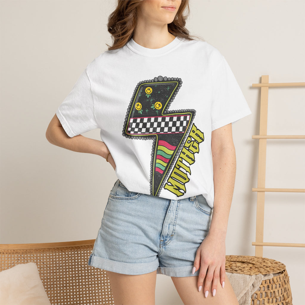 Lightning Bolt Graphic T‑Shirt — Retro Checker & 'Mother' Streetwear Tee