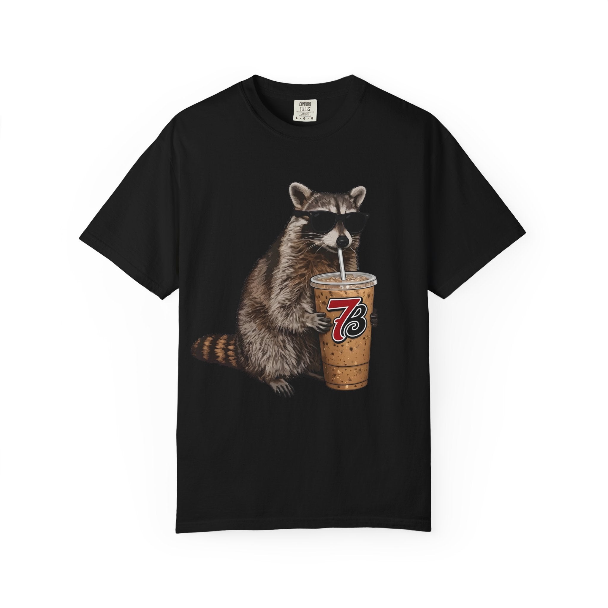 Raccoon Iced Coffee T-Shirt — Cute Raccoon Drinking 76oz Iced Coffee Graphic Tee