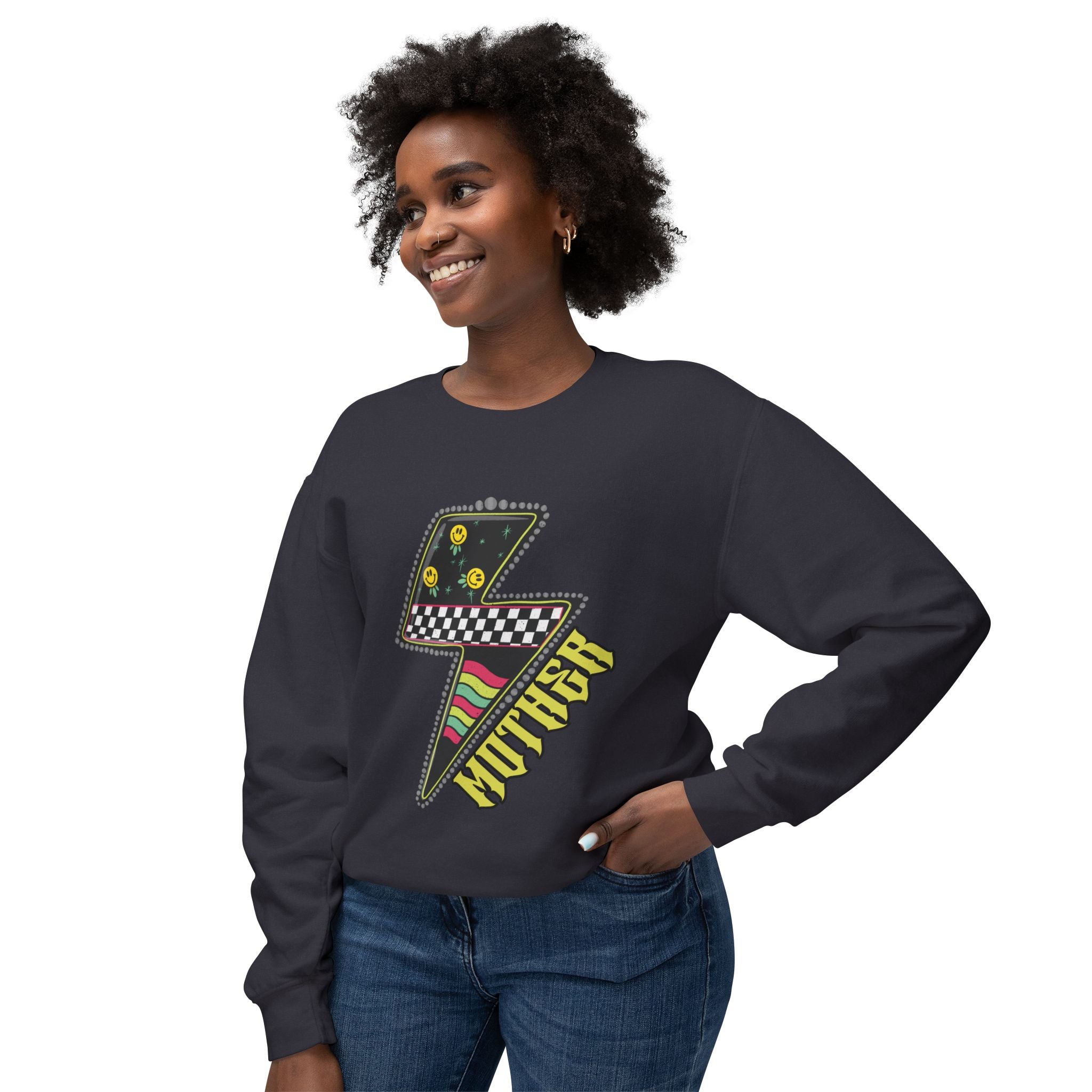Lightning Bolt Graphic Sweatshirt — Retro Checkered & Neon Pattern Crewneck