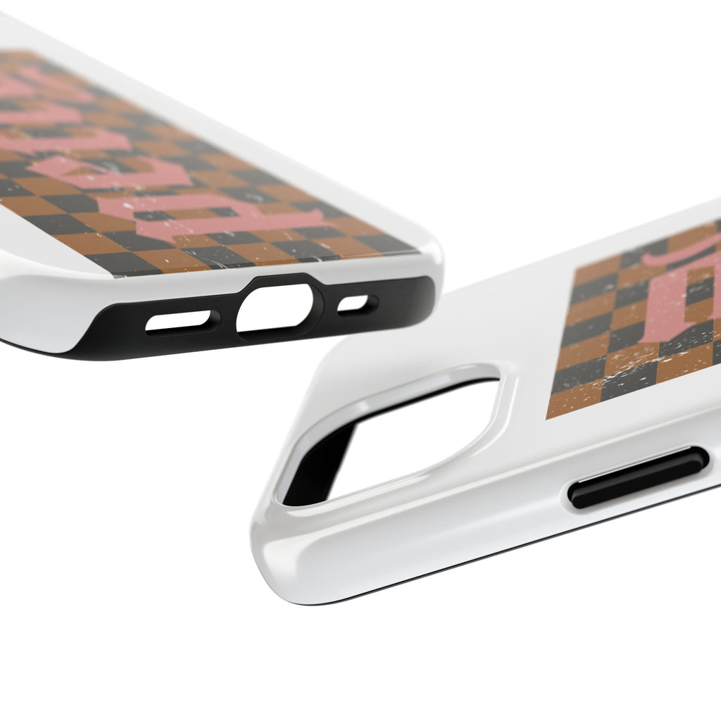 Checkerboard 'Tough' Retro Phone Case — Pink Gothic Text, Grunge Pattern