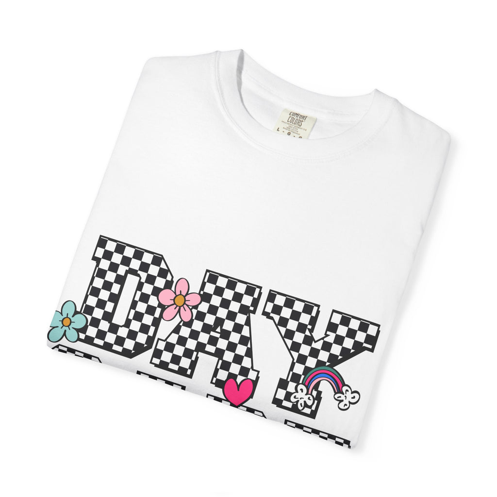 Day Care Checkerboard T‑Shirt — Playful Smiley & Floral Kids Graphic Tee