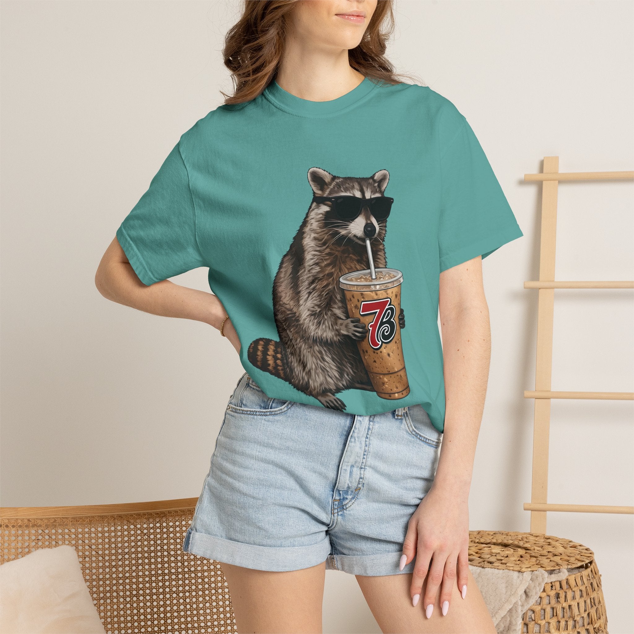 Raccoon Iced Coffee T-Shirt — Cute Raccoon Drinking 76oz Iced Coffee Graphic Tee