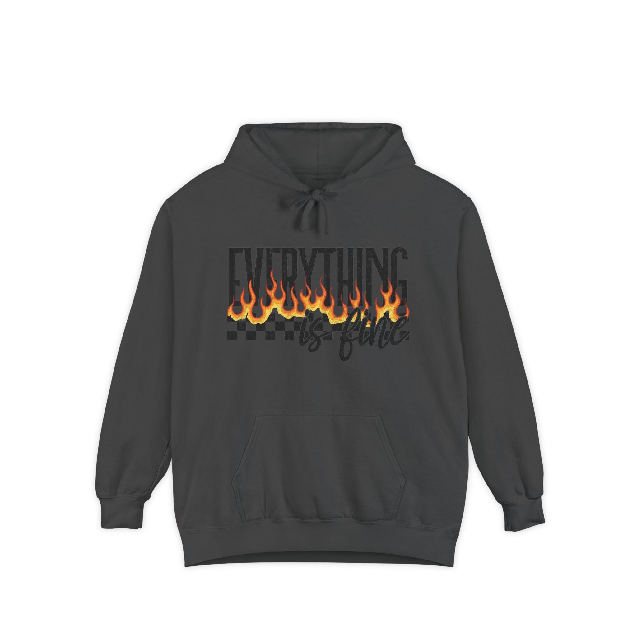 Everything Is Fine Hoodie — Retro Flame Checkerboard Graphic Pullover