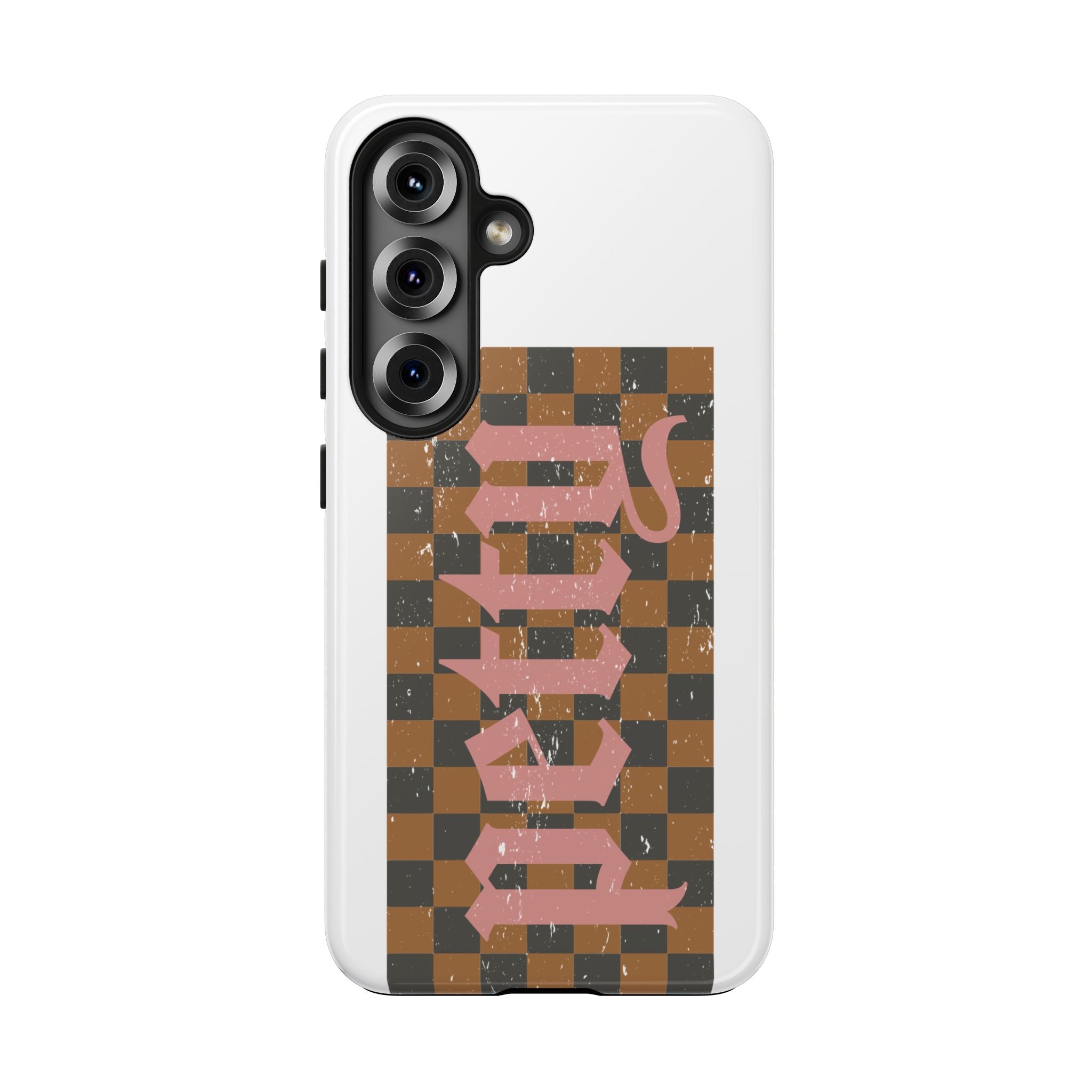 Checkerboard 'Tough' Retro Phone Case — Pink Gothic Text, Grunge Pattern