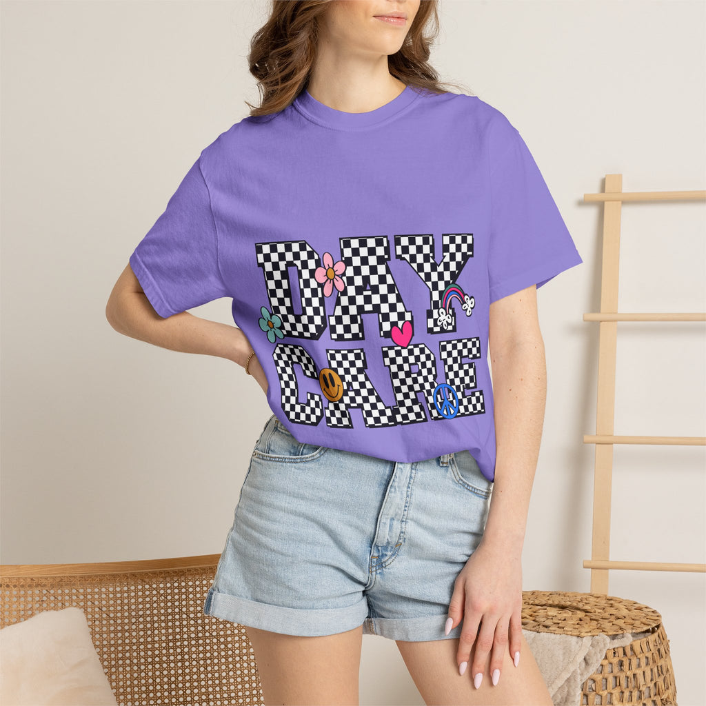 Day Care Checkerboard T‑Shirt — Playful Smiley & Floral Kids Graphic Tee