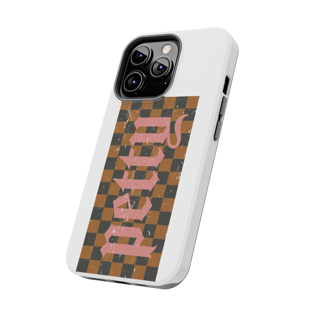Checkerboard 'Tough' Retro Phone Case — Pink Gothic Text, Grunge Pattern