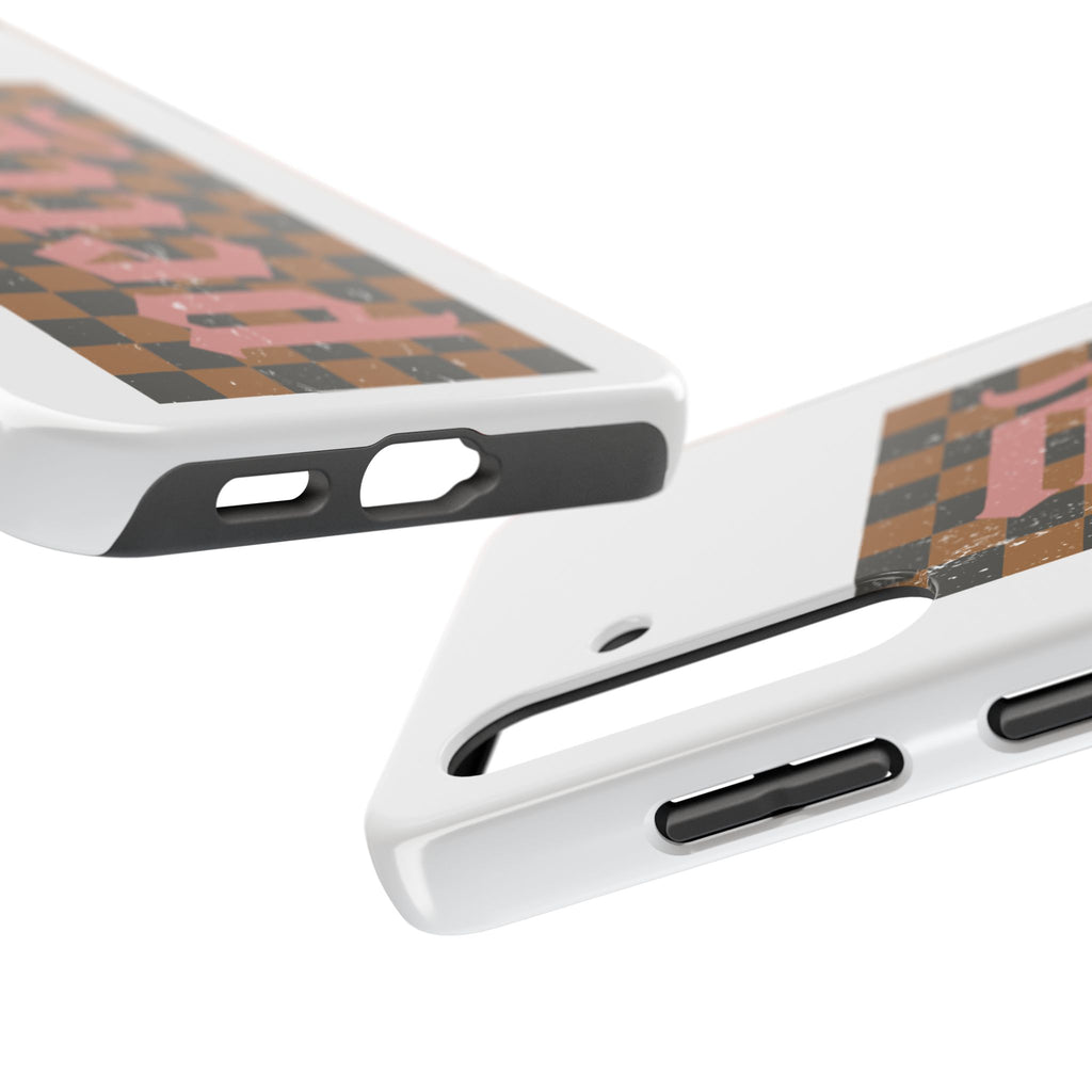 Checkerboard 'Tough' Retro Phone Case — Pink Gothic Text, Grunge Pattern