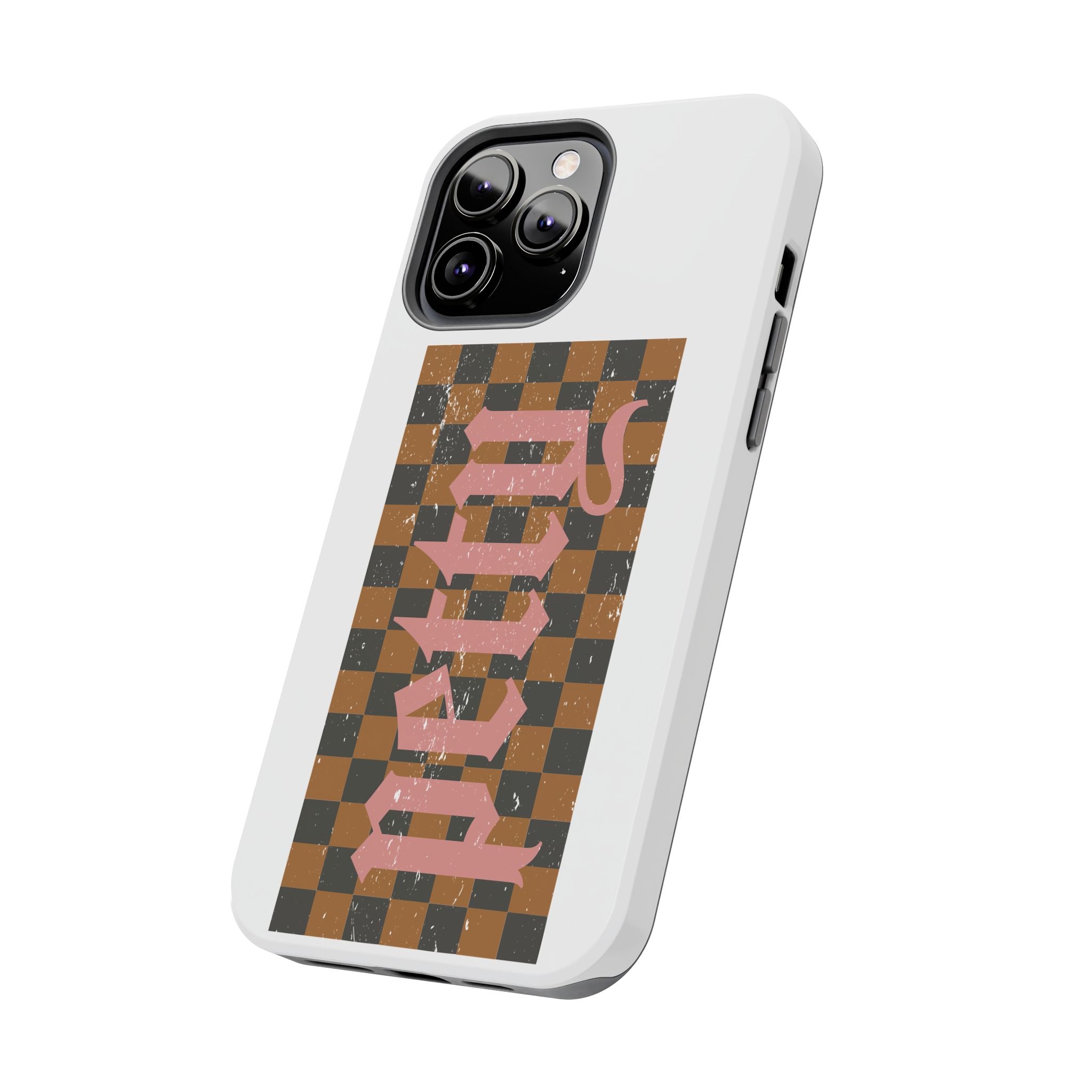 Checkerboard 'Tough' Retro Phone Case — Pink Gothic Text, Grunge Pattern