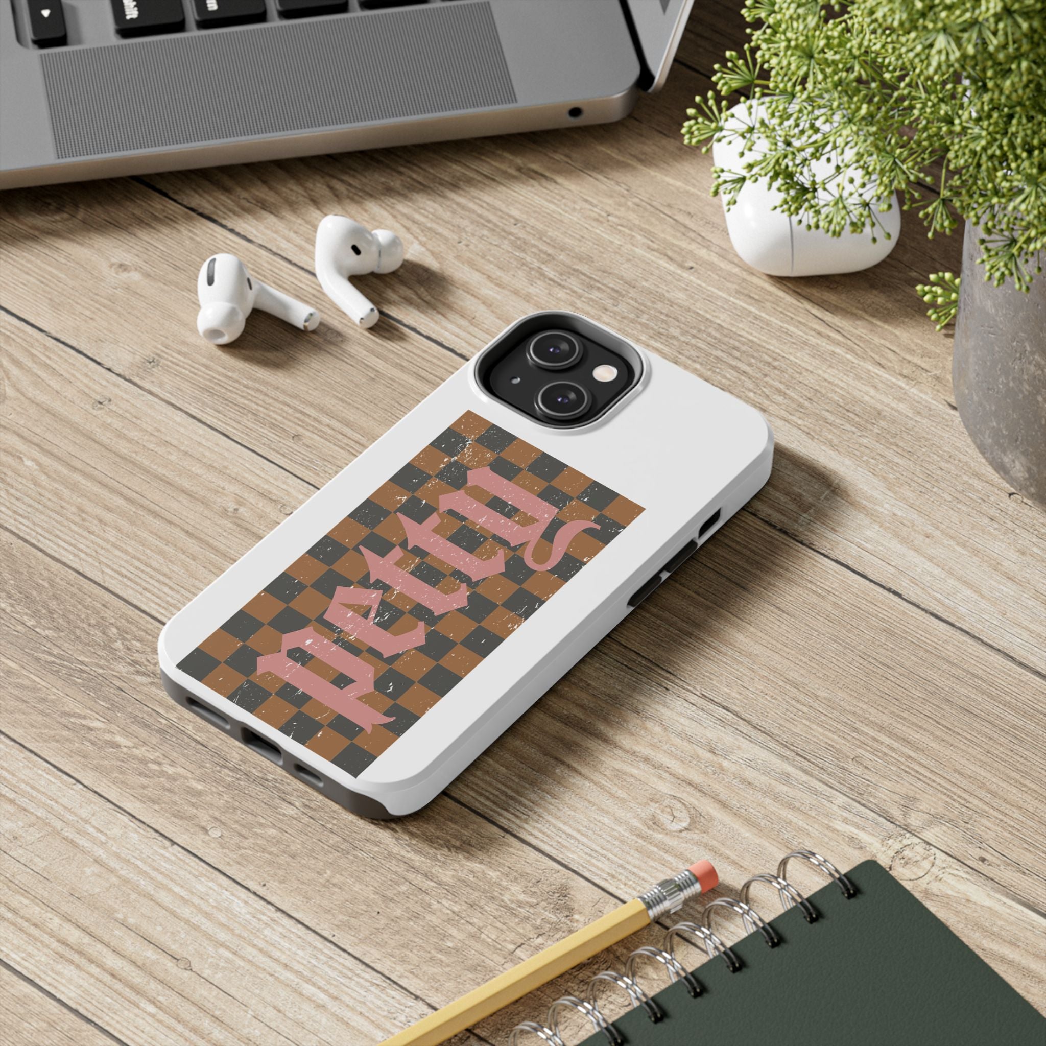 Checkerboard 'Tough' Retro Phone Case — Pink Gothic Text, Grunge Pattern