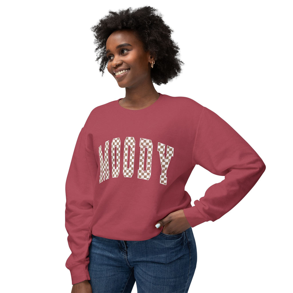 Woody Checkerboard Crewneck Sweatshirt — Peach Graphic Pullover