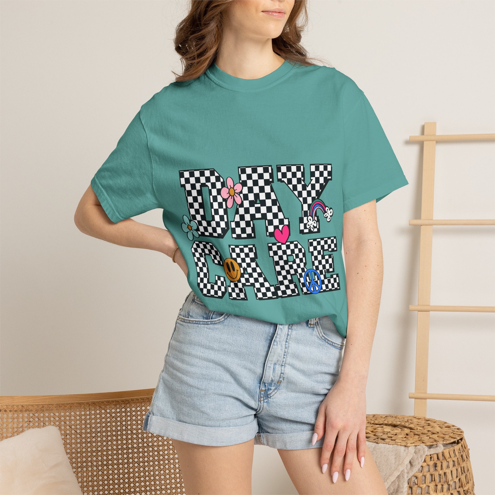 Day Care Checkerboard T‑Shirt — Playful Smiley & Floral Kids Graphic Tee