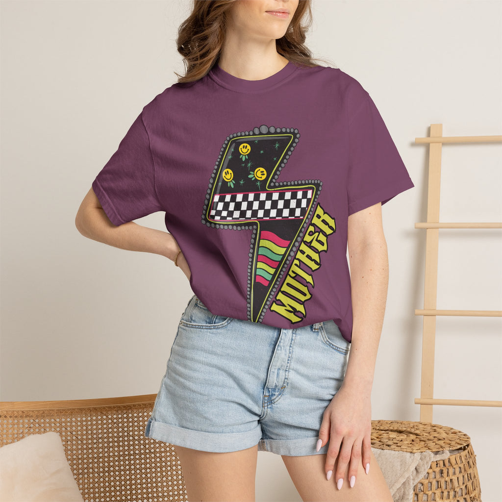 Lightning Bolt Graphic T‑Shirt — Retro Checker & 'Mother' Streetwear Tee