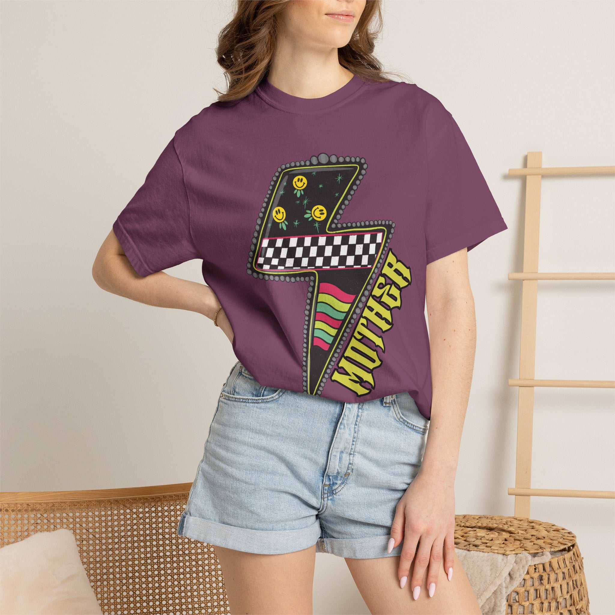 Lightning Bolt Graphic T‑Shirt — Retro Checker & 'Mother' Streetwear Tee