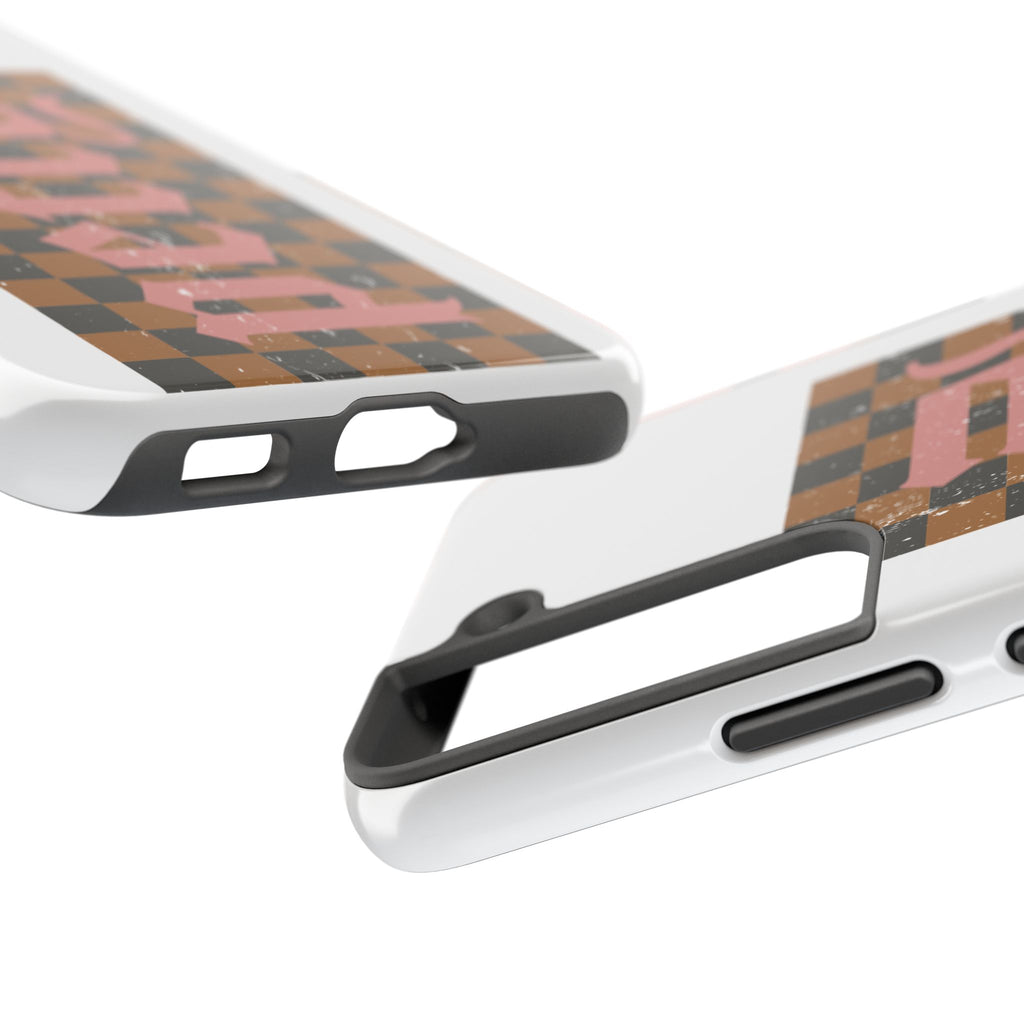 Checkerboard 'Tough' Retro Phone Case — Pink Gothic Text, Grunge Pattern