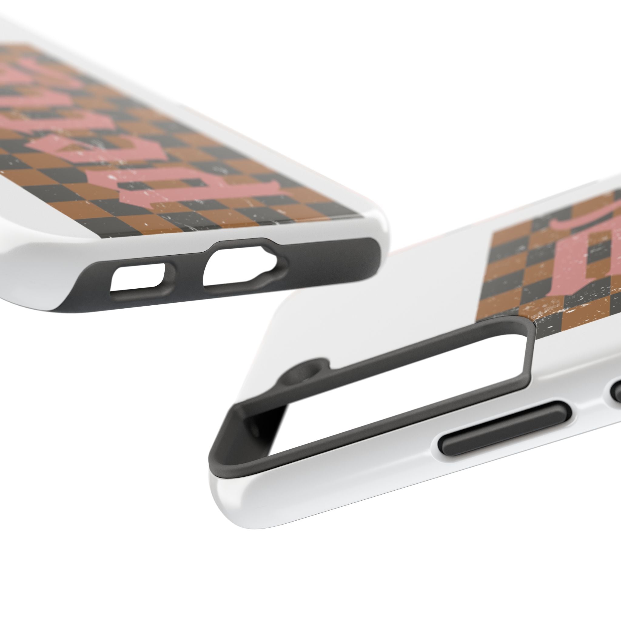 Checkerboard 'Tough' Retro Phone Case — Pink Gothic Text, Grunge Pattern